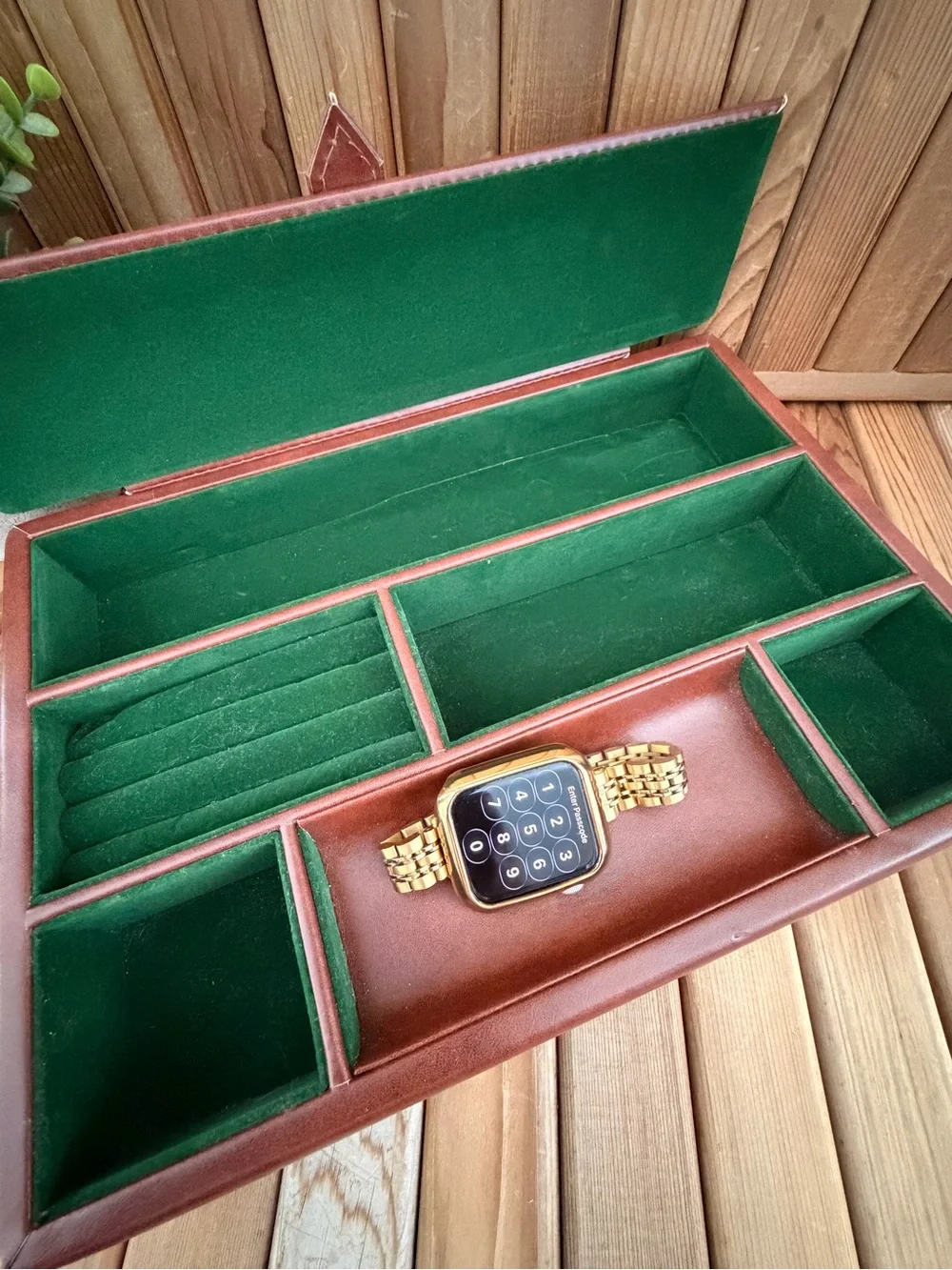 Vintage Faux Leather Valet Tray Jewelry Organizer Brown Green Flocked Interior
